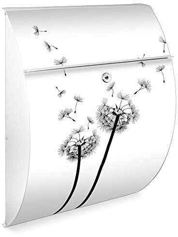 banjado Design Briefkasten - Modell Riviera 46x33,5x13cm groß - verzinkter Stahl weiß - Postkasten Öffnungsstopp großer A4 Einwurf Zylinderschloss 2 Schlüssel - Motiv Pusteblume 2