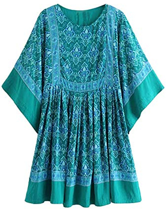 R.Vivimos Femmes Bohème Plage Mini Robe Manches Chauve Souris Col Rond Fleurs Courtes Chemise Robes(XL,Green)