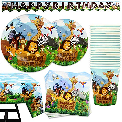 102-teiliges Safari-Geburtstagsdekorationsset mit Banner, Tellern, Tassen, Servietten und Tischdecke, dient 25, Tier-Dschungel-Party-Dekorationen für Kinder oder Babypartys