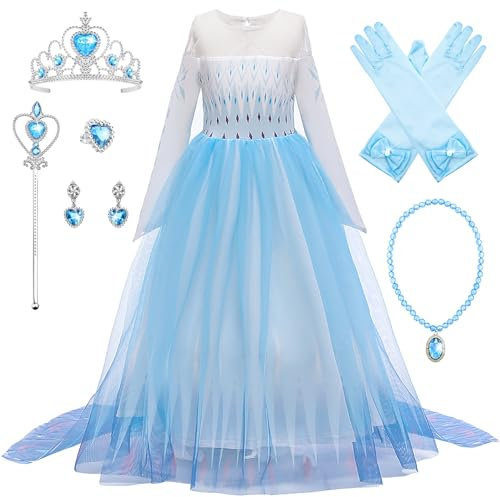 New fronz Elsa 2 Kostüm für Mädchen kinder Eiskönigin Prinzessin Kleid mit Zubehöre Kleinkind Set Outfits für Kindergarten Tanzen Verkleidung Cosplay Weihnachten Geschenk, Lichtblau, 140