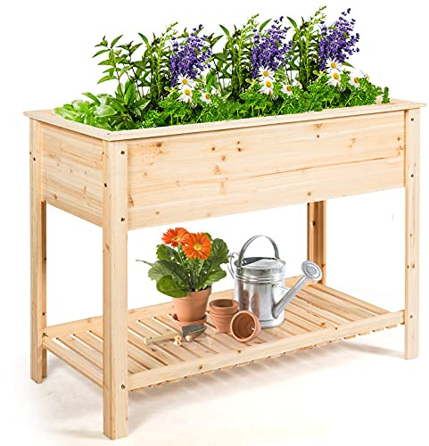 COSTWAY Jardinière en Bois, Bac de Culture Surélevé avec Étagère de Rangement et Hauteur Ergonomique, Idéal pour la Croissance des Plantes, Fleurs, Végétaux (92 x 41 x 81 cm)