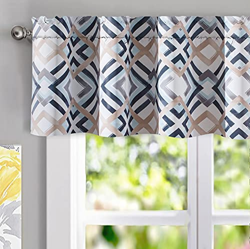 DriftAway Diamond Trellis Watercolor Geometric Checker Plaid Pattern Blackout Thermal Insulated Energy Saving Window Curtain Valance Rod Pocket Single 52 Inch by 14 Inch Plus 1.75 Inch Header Navy