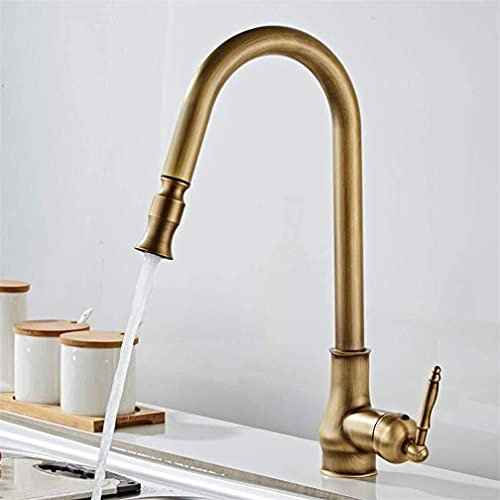 LegendTech Antique Brass Kitchen Faucets Pull Out Spray Head Hot Cold 360 Degree Swivel Sink Water Mixer Pull Down Mixer Taps Single Handle Retro Style,Antique Brass