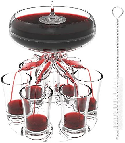ALEVMOOM Distributeur et Support Avec 6 Verres à Cocktail, Deuxième Génération Distributeur de Liquides Cocktail Set Bar Kit Set, Multiple Distributeur de Vin Porte-outils Pour Boissons