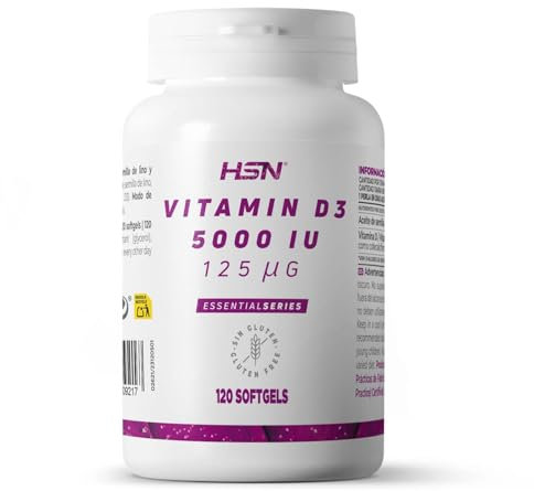 HSN Vitamina D3 5000 UI | 120 Perlas (1 Perla cada 2 Días) Alta Concentración Vitamina D Colecalciferol | Con Aceite de Lino para Mejorar la Absorción | No-GMO, Sin Gluten ni Lactosa