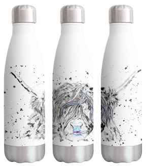 Vixar Highland Cow Scottish Black white design Farm Animals Watercolour Rainbow Art Bottle Double Wall Insulated Stainless Steel Sport Drinks 500ml Gift Ideal for School Work Office Oudoor