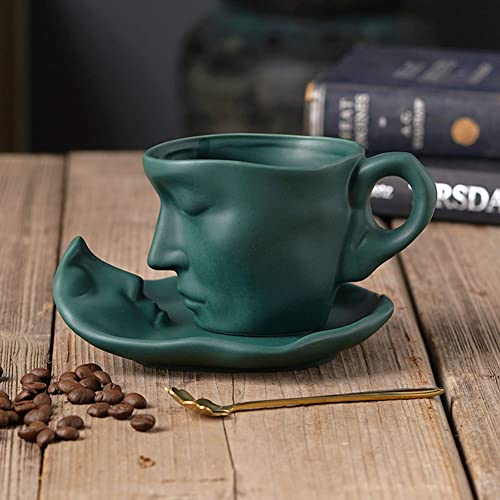 XIUWOUG Gesicht Kaffeetassen Set mit Untertasse,Espressotassen Set aus Porzellan,Dickwandige Tassen mit Unterteller,260 ml,Grün