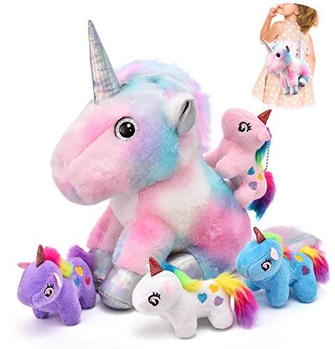 Tacobear Einhorn Kuscheltier Einhorn Geschenke für Mädchen 3 4 5 6 7 Jahre Einhorn Umhängetasche Plüsch Mama Einhorn mit 4 Baby-Einhorn Pferd Einhorn Plüschtier Einhorn Spielzeug Geschenk für Mädchen