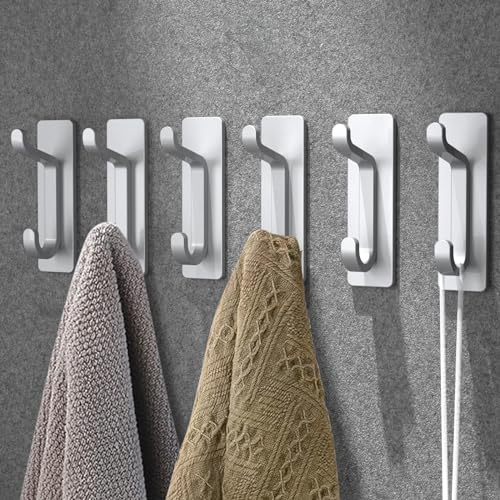 pickpiff Klebehaken Extra Stark, Wandhaken Selbstklebend, Handtuchhalter Ohne Bohren, Nichtrostend Haken, Zwei Stockwerke Kleiderhaken Für Bad, Küche, Handtuch, Metall, Silber-, 6 Stück