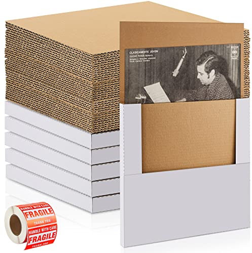 71-teiliges Vinyl-Versandkartons-Set mit 20 weißen Vinyl-Schallplatten-Versandkartons, 50 braune LP-Schallplattenblöcke, 1 Rolle zerbrechliche Aufkleber für kleine Unternehmen