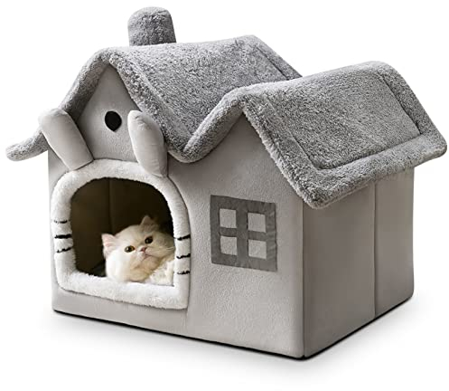 ALLSOPETS Cat House Indoor Dog House Foldable Pet Bed with Roof, Warm Cosy Nest with Removable Cushion for Cats Puppies Small Dogs (Gray Cat, M)
