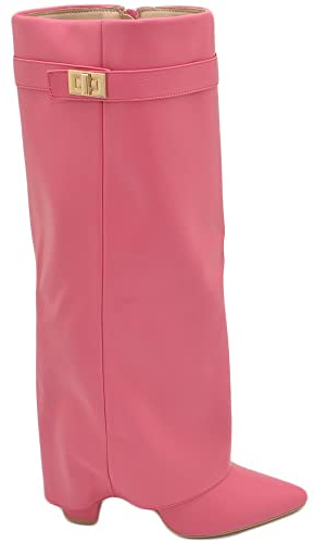Malu Shoes Stivali donna alti rosa pelle al ginocchio a punta con risvolto para fino a terra tacco doppio 10cm (36 EU)