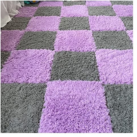 10 Pieces Interlocking Carpet Tiles, Soft Shaggy Plush Foam Mats, Fluffy Area Rugs, Anti-slip Carpet, Play Mat For Home Living Room Bedroom(Color:Purple+Grey)