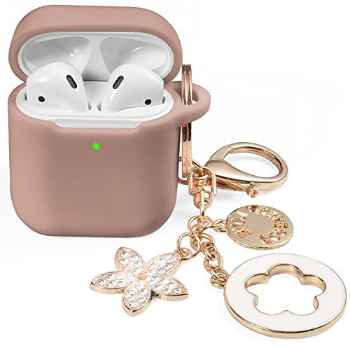 OLEBAND Custodia per Airpod con grazioso portachiavi, custodia protettiva per iPod Silione e antiscivolo, per Apple Air pod 2, visibile a LED, per donne e ragazze, tè al latte