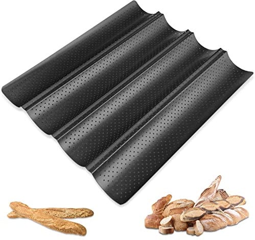 Firschoie Baguette Backblech, Baguette Backform für 4 Baguettes, Baguettepfanne aus Karbonstahl, Perforierte französische Brotpfanne mit Antihaftbeschichtung 38cm × 32cm (schwarz)