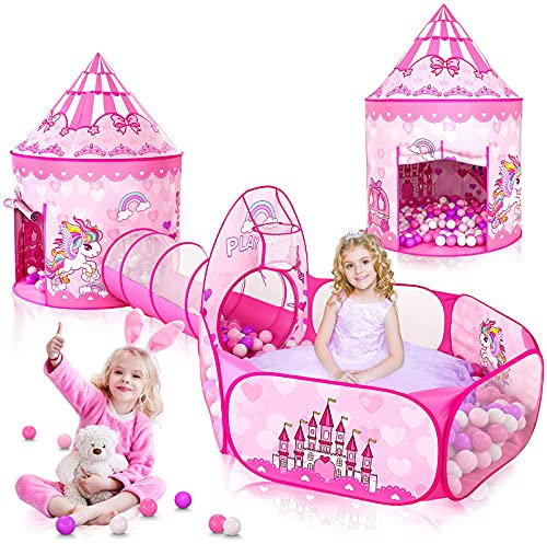 Tente Enfants - Tente de Jeu+Tunnel Enfant+Piscine à balles Pliable 3-en-1 - Grande Aire de Jeux de Jardin pour garçons Filles Bebe - Tente Pop Up Enfant Intérieur Extérieur (Tente Princesse)