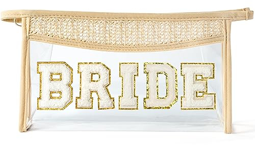 WATINC Klare Kosmetiktasche Boho Patch Bride Varsity Letter Bag Beige Kulturbeutel PVC Transparent wasserdichte Make-up-Tasche Reise Makeup Tasche Kulturbeutel Reiß Waschtasche für Frauen Männer