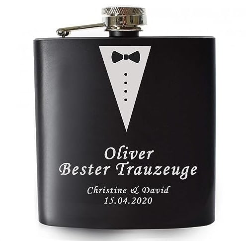 Hochzeit Flachmann Trauzeuge mit Gravur personalisierbar mit Namen, Datum gravierter Flachmann Geschenkidee mit Geschenkbox