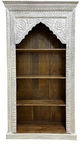 Regal Schrank Himal Indischer Schrank aus Mangoholz mit Schnitzerei Oriental Wohnzimmer Weiß Whitewash 190 cm