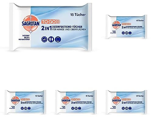Sagrotan 2in1-Desinfektionstücher – Zum Desinfizieren von Händen und Oberflächen – 1 x 15 Feuchttücher in wiederverschließbarer Verpackung (Packung mit 5)