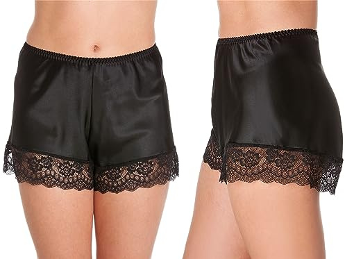 French Knickers Women, Comfy Satin Shorts Silk PJs for women, Intimate Womens Nightwear Sexy Knickers, Sizes 10 to 28 Plus Size Lingerie UK(Black,14-16)