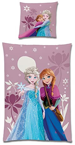 Familando Parure de lit La Reine des Neiges pour fille avec Anna et Elsa – Parure de lit pour fille 135 x 200 cm et 80 x 80 cm en 100 % coton – Motif réversible avec Olaf en rose
