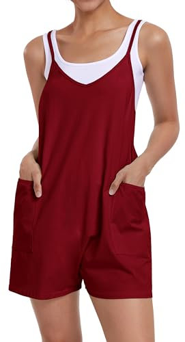 florynova Strapless Jumpsuit for Women Loose Romper Cute Outfit Workout Spaghetti Strap Party Shorts with Pockets(burgundy,XL)