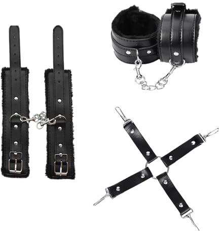 DUINIU 3 Pieces Handcuff Toys, Sex Props Set, Leather Handcuffs, Plush Handcuffs, Leather Anklets, Adjustable Handcuffs, Couple Gift, Suitable for Role Play, Party, Halloween (Black)