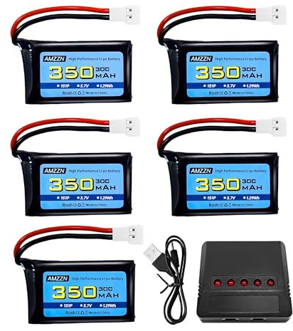 AMZZN 5PCS 3.7V 350mAh 1S Lipo Battery with Molex Plug and Charger for Syma X11C WLToys V911S RC Drone,XK A150 BF-109 FX651 FX621 Z60 Jet F-16 F-22 F-35 Glider