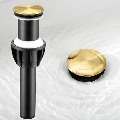 TIORIY Waschbecken Siphon ohne Überlauf, Pop Up Waschbecken Ablaufgarnitur für Badezimmer Spüle 4,5 cm, integrierter Anti-Verstopfungs-Stöpsel, Gebürstetes Gold