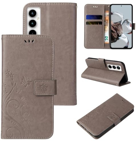 LBH Handy Hülle für Samsung Galaxy A35 5G Case Handytasche Schmetterling Blumen Flower Standfunktion Schutzhülle Magnet Rundum Schutz 360 Grad Flipcase Cover Grau