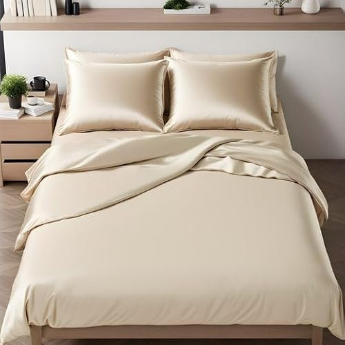 Cozyor Wende-Bettwäsche 200x200 cm glänzend matt, Satin & Mikrofaser, extra dick und weich mit robustem Reißverschluss, 1x Deckenbezug + 2X Kissenbezug 40x80 cm, 3-teilig, beige Driftwood