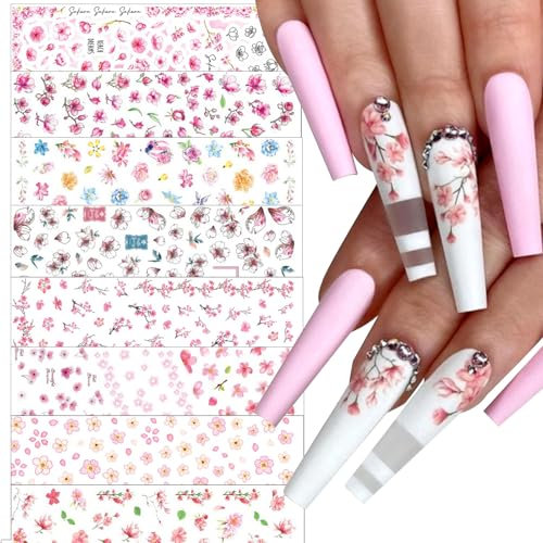 Aikeis Lot de 8 autocollants pour nail art rétro en forme de fleurs de cerisier - Design 3D - Autocollants pour nail art - Personnalisés - Pour femme - Design DIY