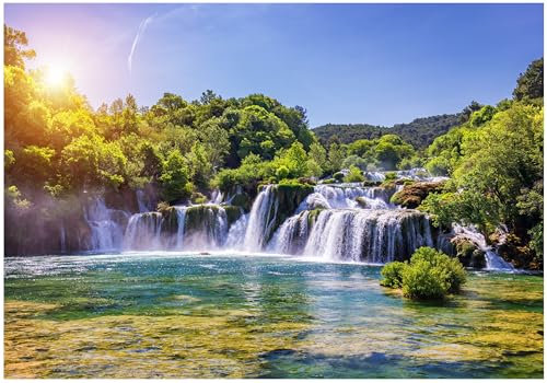 WallArena - Vlies Fototapete Wasserfall Natur See Wald Sonne Landschaft 400x280 cm - Fototapeten - Tapeten - für Wohnzimmer Schlafzimmer - Vliestapete Wandtapete Tapete 3D Effekt- inkl. Kleister