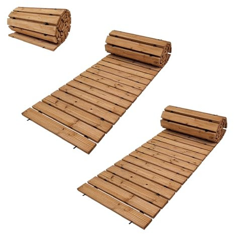 TRUTZHOLM 2X Holzpfad ausrollbar 250x43x2 cm rustikales Tannenholz mit Anti-Rutsch Oberfläche wetterfester Holzweg für Garten, Hinterhof, Strand I Pflegeleichter Rollweg zur Gartengestaltung
