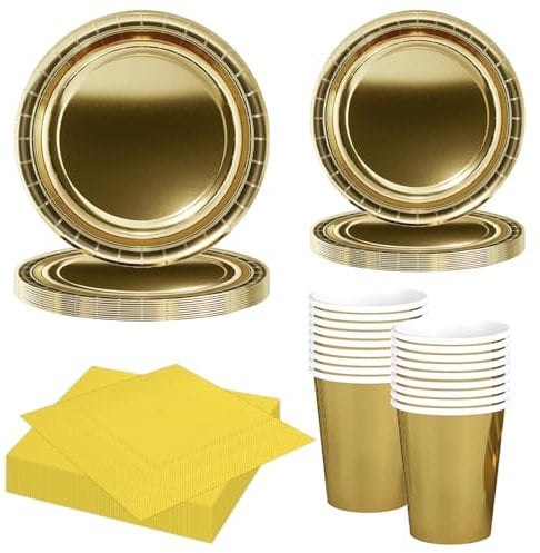 MORAINJAY Ensemble de Vaisselle de Fête Or 68 Pièces, Assiettes en Papier, Tasses, Serviettes, Vaisselle pour Anniversaire, Mariage, Baby Shower, Diplôme, Anniversaire, Fête de Vacances