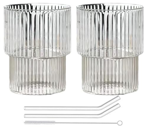 Ribbed Drinking Water Glasses, Ribbed Water Drinking Glasses with Glass Straws 5pcs Set, Ribbed Glass Cups Tumbler, Vintage Iced Coffee Cups Glassware for Cocktails and Coffee (Transparent 300)