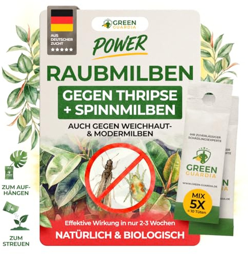 GREEN GUARDIA Power Raubmilben Mix gegen Thripse & Spinnmilben– 5 Mix mit 10 Tüten - Biologisches Mittel zur effektiven Thripse Bekämpfung–Umweltfreundlich, chemiefreie Mittel,einfache Anwendung