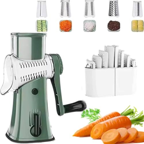 Kitchen Artifact 5 in 1 Food Chopper, Rotary Cheese Grater & Vegetable Slicer with 5 Blades (Green)