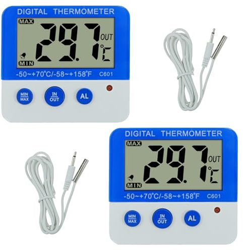 DOOCECIY 2 PCS Digital Fridge Thermometer, Freezer Thermometer with Sonde, LED Temperature Alarm Display