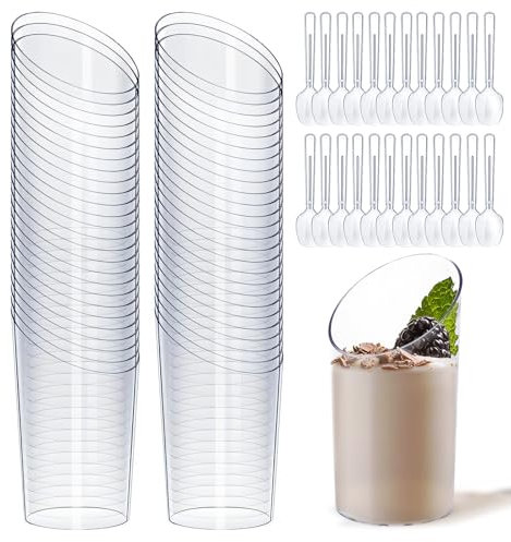 KOOSREEL - Vasos de postre acodados, 50 unidades, mini vasos de postre redondos de plástico reutilizable, taza de postre para espuma, tiramisú, cumpleaños