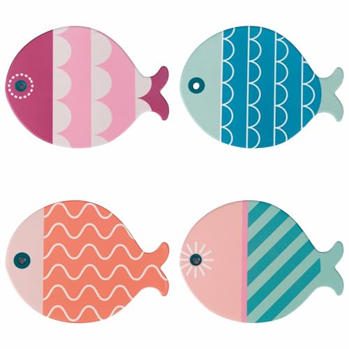 Set mit 4 dekorativen Fliesen 20 x 16 cm aus Keramik, Unterseite aus Kork, Farbe Fish