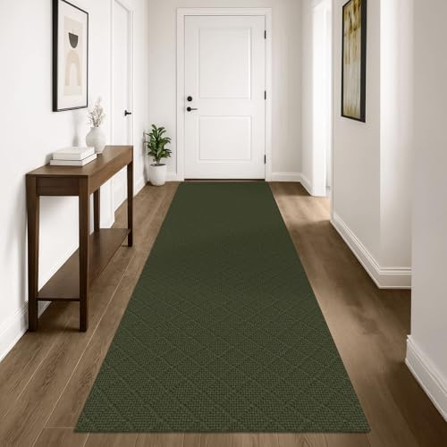 KOZYFLY Läufer, 90 x 3 m, waschbar, Läufer für Flur, rutschfeste Gummi-Rückseite, Küchenläufer, geflochtene Baumwolle, Eingangsbereich, Boden-Teppich für Flur, Küche, Eingangsbereich, Dunkelgrün