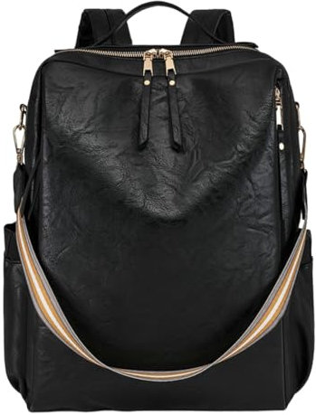 ESTCNK Retro-inspirierter Damen-Tagesrucksack mit Aufbewahrungsmöglichkeit, PU-Leder, Schultasche, ideal für Abenteuer und tägliche Pendler, Schwarz