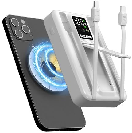 SUNJOM Endless Magnetic Power Bank Con Display LCD, Power Bank Per Magsafe 10.000mAh, Ricarica Rapida, Uscita Wireless&Type-C&Lightning Cable, Piccola, Portatile, Per iPhone Serie 16/15/14/13/12 ecc