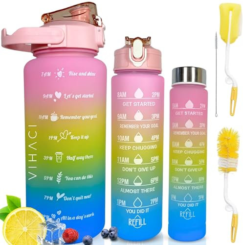 VIHACI Pack 3 Botellas Agua Gimnasio Motivacional Grande - 2L 1L 300ml Botella Agua Gym Deportiva Reutilizable Libre BPA - Cantimplora Agua Deportiva - Bidon Agua Deporte Gimnasio - Modernas (Rosa)