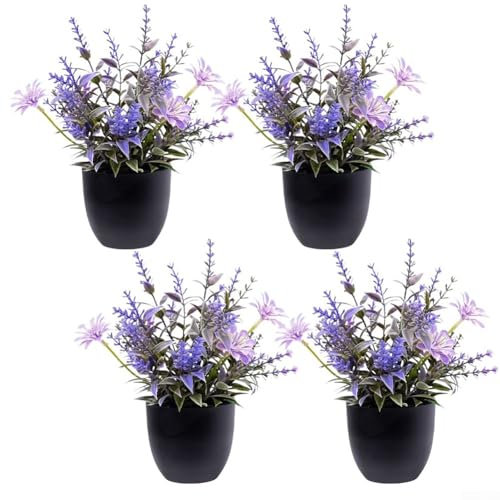 Aprilsunnyzone 4 plantas artificiales, con maceta, decoración de plantas pequeñas de lavanda, para salas de estar, dormitorios, baños, cocinas, oficina (NO.B)