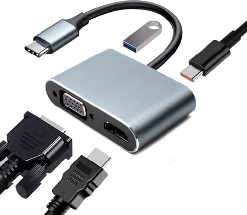 USB C to Hdmi VGA Adapter 4 in 1 Usb-C Multiport Hub with 1080P VGA | 4K HDIM 100W PD 5Gbps USB 3.0 Compatible with Macbook Pro/Air Chromebook Pixel Dell HP Samsung Galaxy Huawei and More