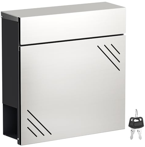 Wiltec Briefkasten Edelstahl V63 37 x 11 x 37 cm, Wandbriefkasten mit Zeitungsfach und Schlüssel