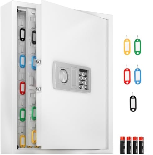 ACROPAQ Schlüsselschrank mit Zahlencode - Für bis zu 200 Schlüssel, Inkl. 200 Anhänger, Mit elektronischer Sicherung, Weiß - Schlüsselkasten groß, Schlüsselsafe mit Code, Schlüsseltresor